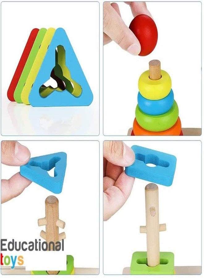 CLAPONE Wooden Rainbow Rings Tower Geometric Shape Recognition, Sorting, Stacking and Plugging; Stacker Building Educational Learning Toy Game for 3 4 5 Years Old Toddlers(14 Pieces) - Image 5